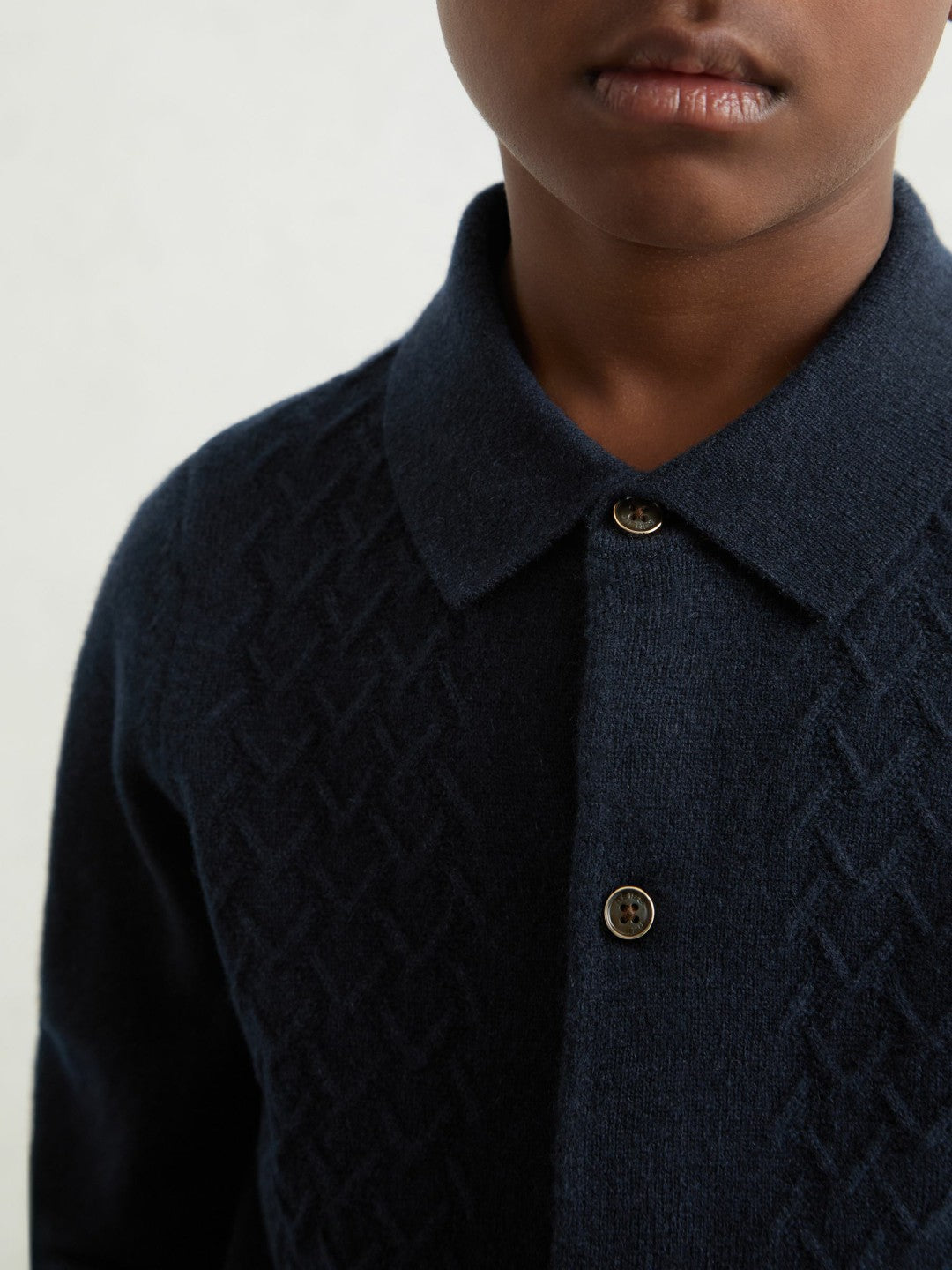 Reiss 3-9 yrs Wool V-Stitch Button-Through Cardigan in Navy Blue