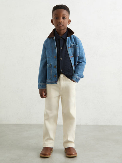 Reiss 3-9 yrs Wool V-Stitch Button-Through Cardigan in Navy Blue
