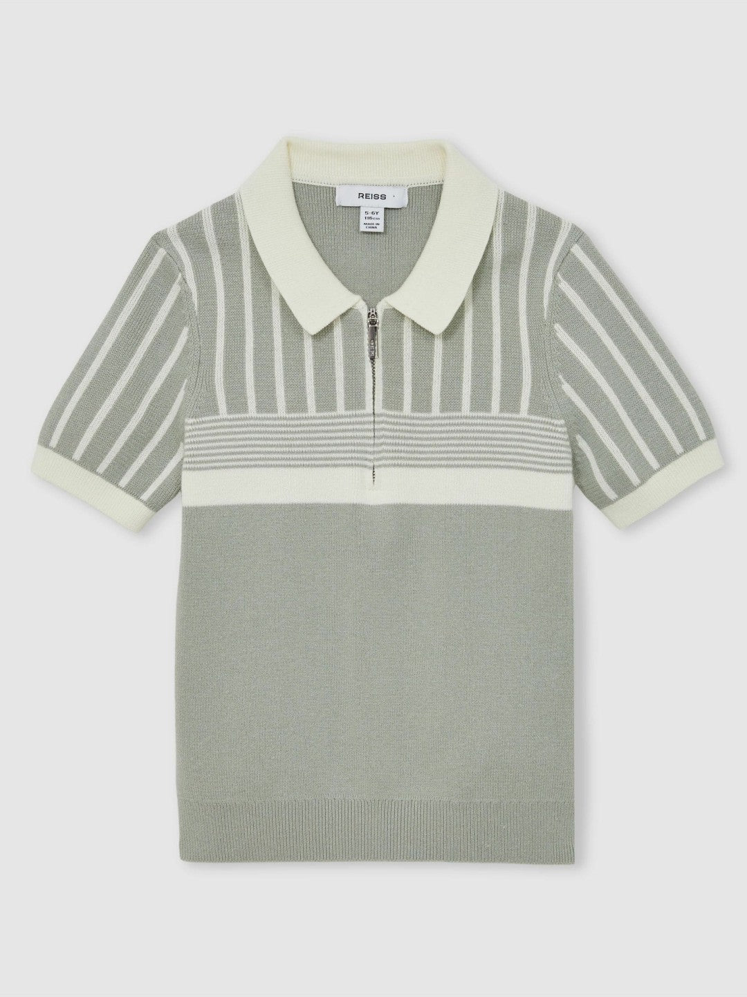 Reiss 13-14 yrs Cotton Stripe Knit Half-Zip Polo Shirt in Sage Green/Off White