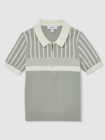 Reiss 13-14 yrs Cotton Stripe Knit Half-Zip Polo Shirt in Sage Green/Off White