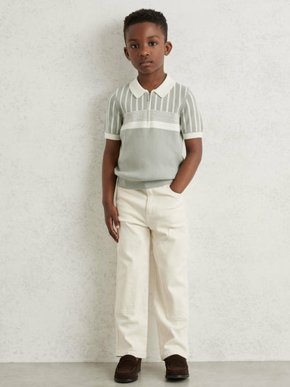 Reiss 13-14 yrs Cotton Stripe Knit Half-Zip Polo Shirt in Sage Green/Off White