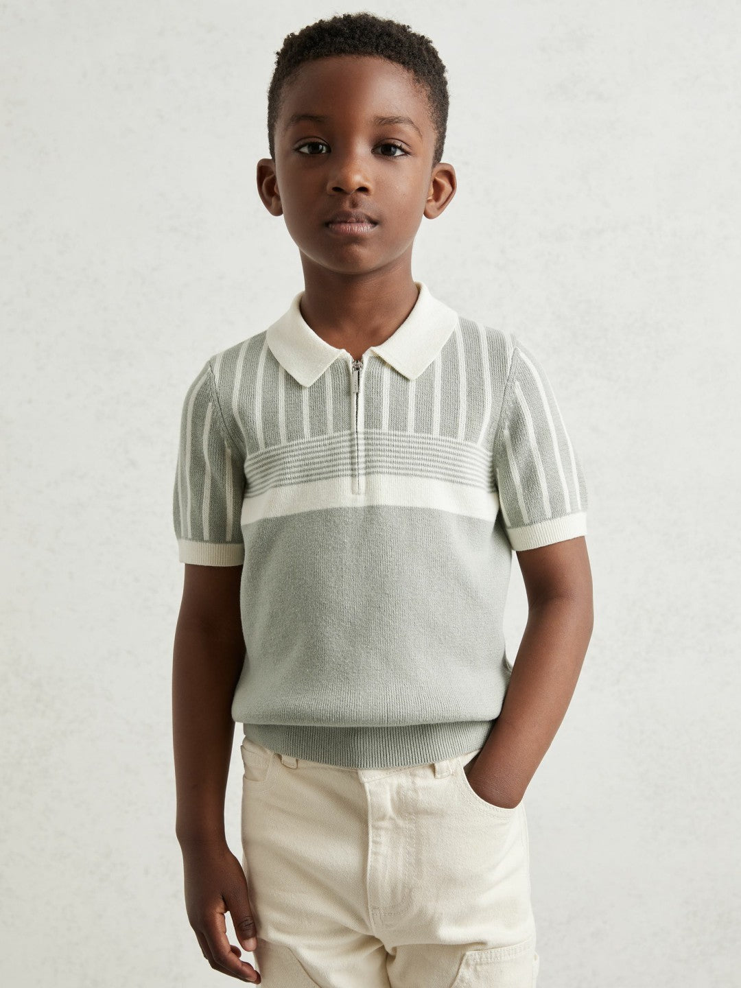 Reiss 13-14 yrs Cotton Stripe Knit Half-Zip Polo Shirt in Sage Green/Off White