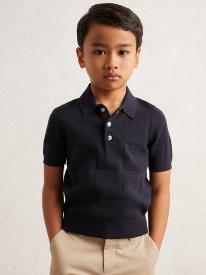 Reiss 13-14 yrs Stitch-Detail Press-Stud Polo Shirt in Navy Blue