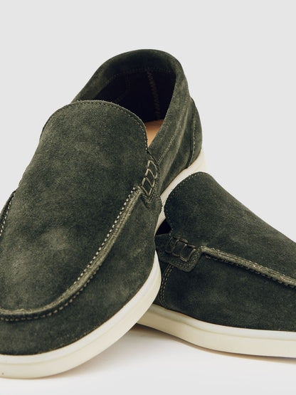 Reiss Suede Slip-On Loafers in Forest Green