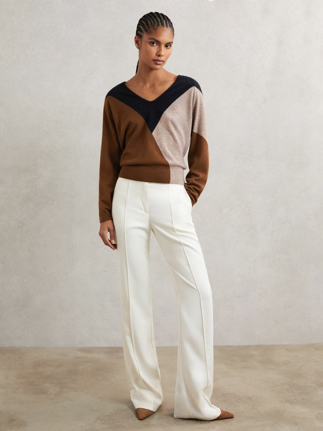 Reiss Wool-Blend Colourblock Knit Jumper with Cashmere in Toffee Brown/Navy/Neutral