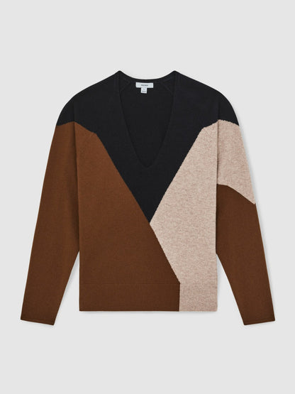 Reiss Wool-Blend Colourblock Knit Jumper with Cashmere in Toffee Brown/Navy/Neutral