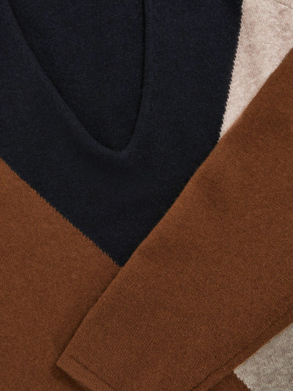 Reiss Wool-Blend Colourblock Knit Jumper with Cashmere in Toffee Brown/Navy/Neutral