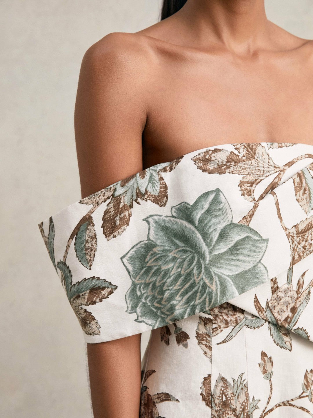 Reiss Sculpted Off-Shoulder Floral Mini Dress Linen-Cotton in Ivory