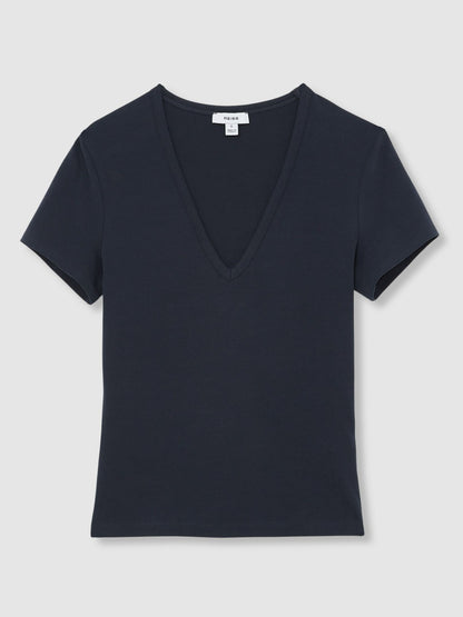 Reiss Stretch Cotton V-Neck T-Shirt in Navy
