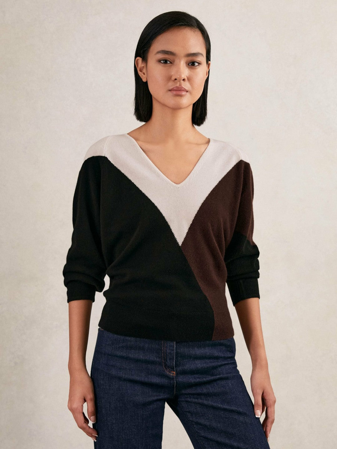Reiss Wool-Blend Colourblock Knit Jumper with Cashmere in Black/Burgundy/Cream