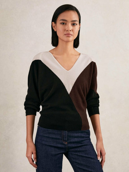 Reiss Wool-Blend Colourblock Knit Jumper with Cashmere in Black/Burgundy/Cream