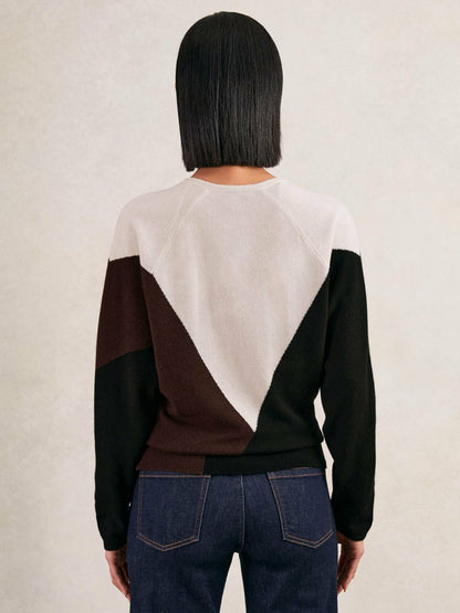 Reiss Wool-Blend Colourblock Knit Jumper with Cashmere in Black/Burgundy/Cream