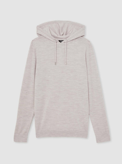 Reiss Merino Wool Drawstring Hoodie in Wicker Brown Melange