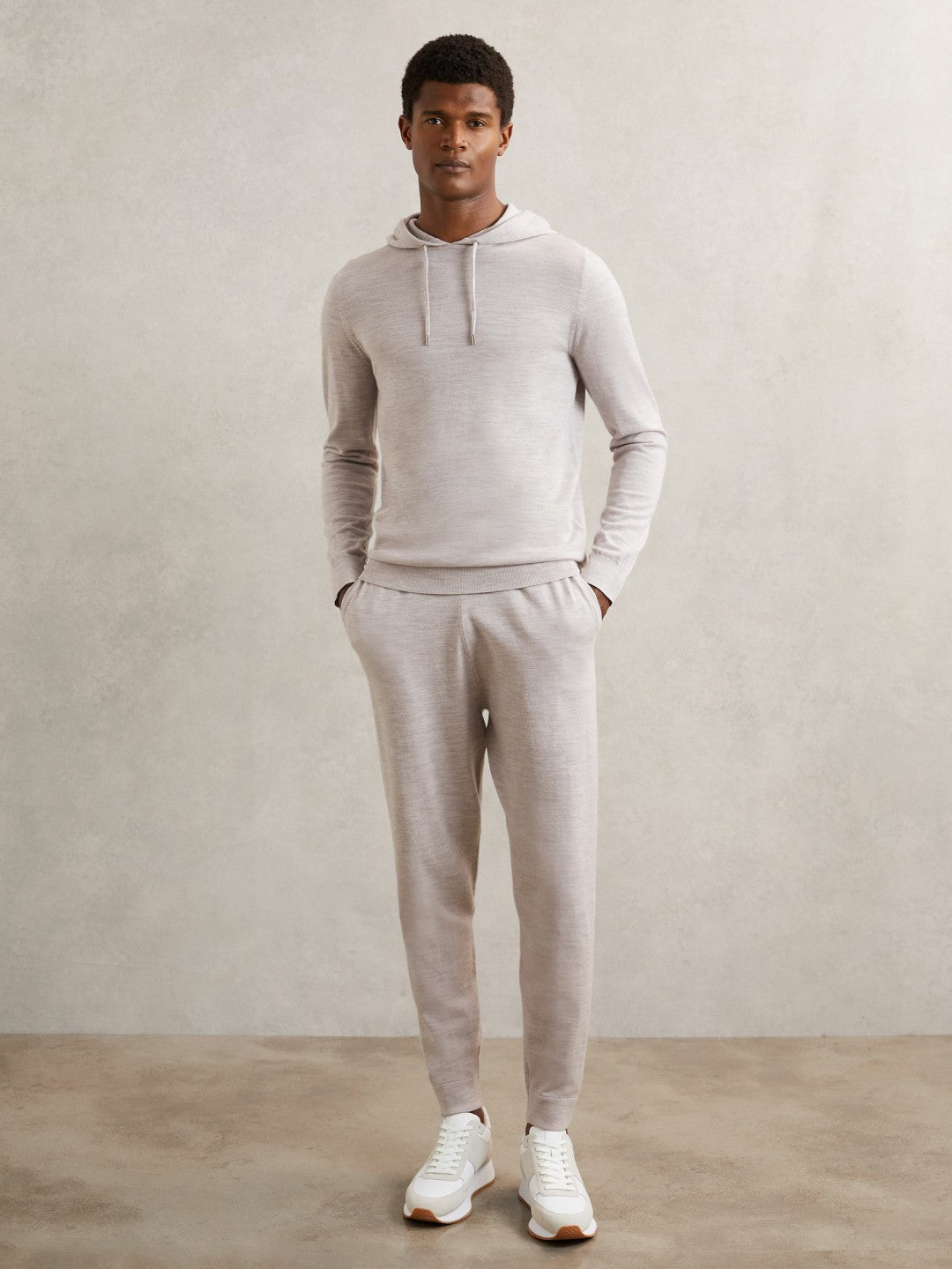 Reiss Merino Wool Drawstring Hoodie in Wicker Brown Melange