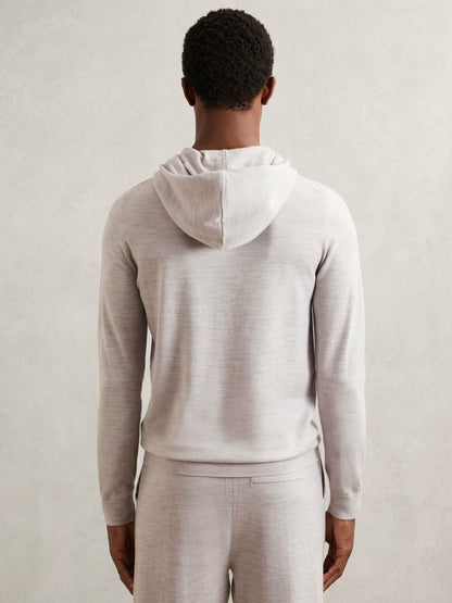 Reiss Merino Wool Drawstring Hoodie in Wicker Brown Melange