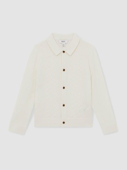 Reiss 13-14 yrs Wool V-Stitch Button-Through Cardigan in Off White