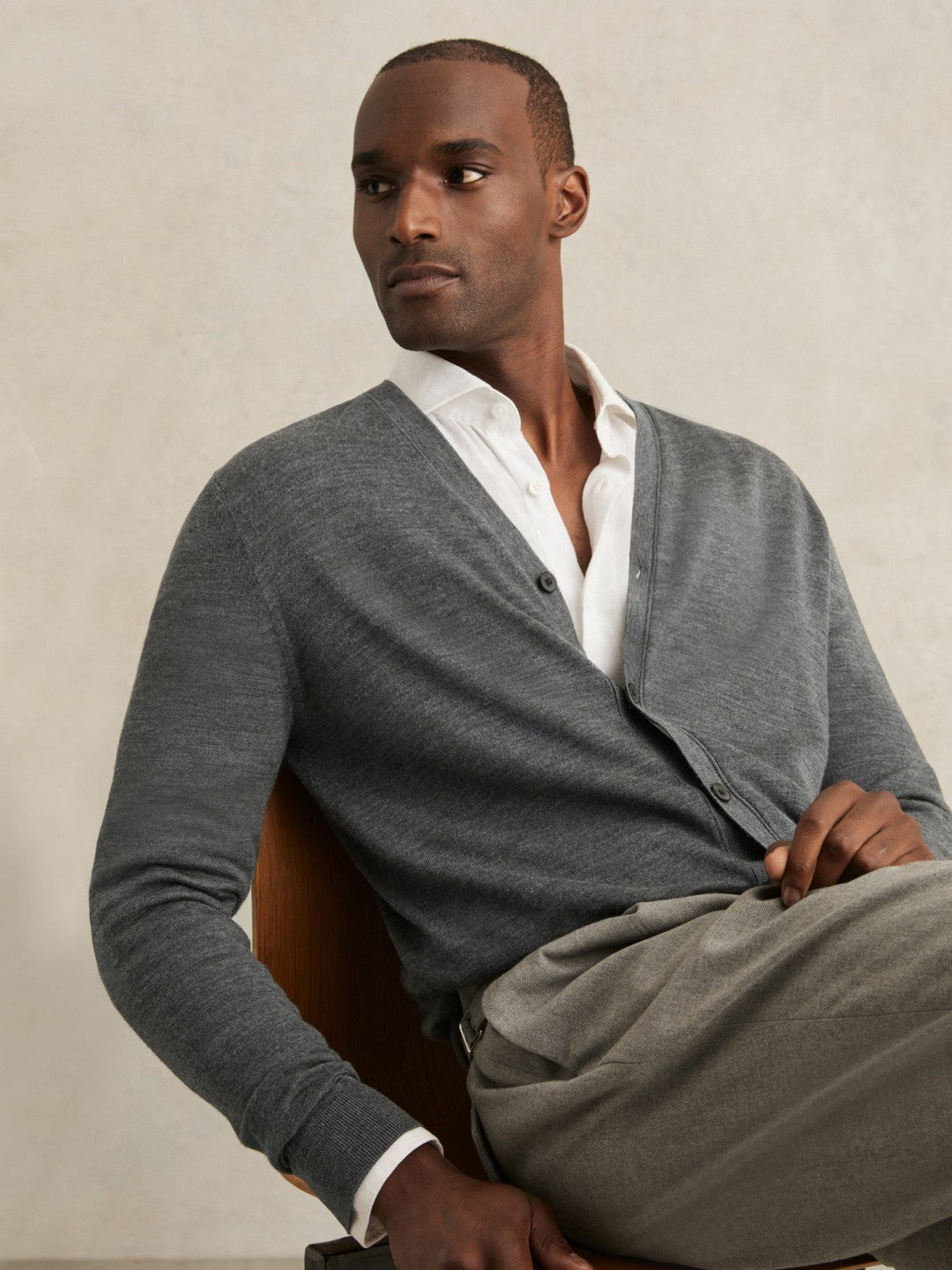 Reiss Merino Wool Button-Through Cardigan in Derby Grey Melange