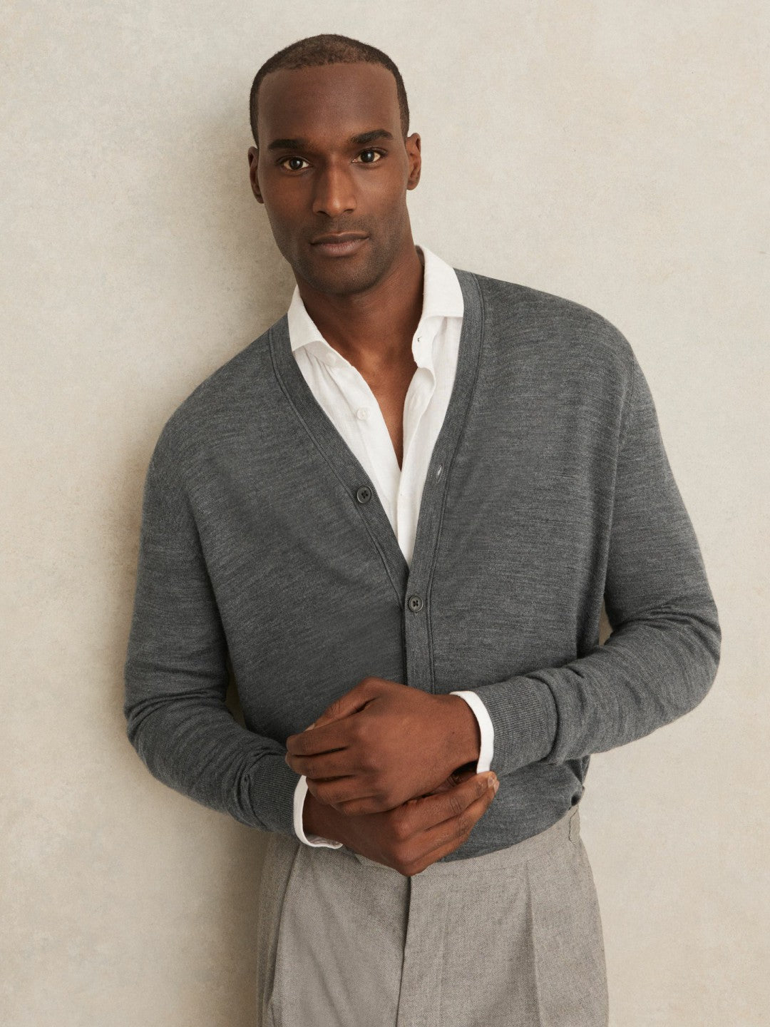 Reiss Merino Wool Button-Through Cardigan in Derby Grey Melange