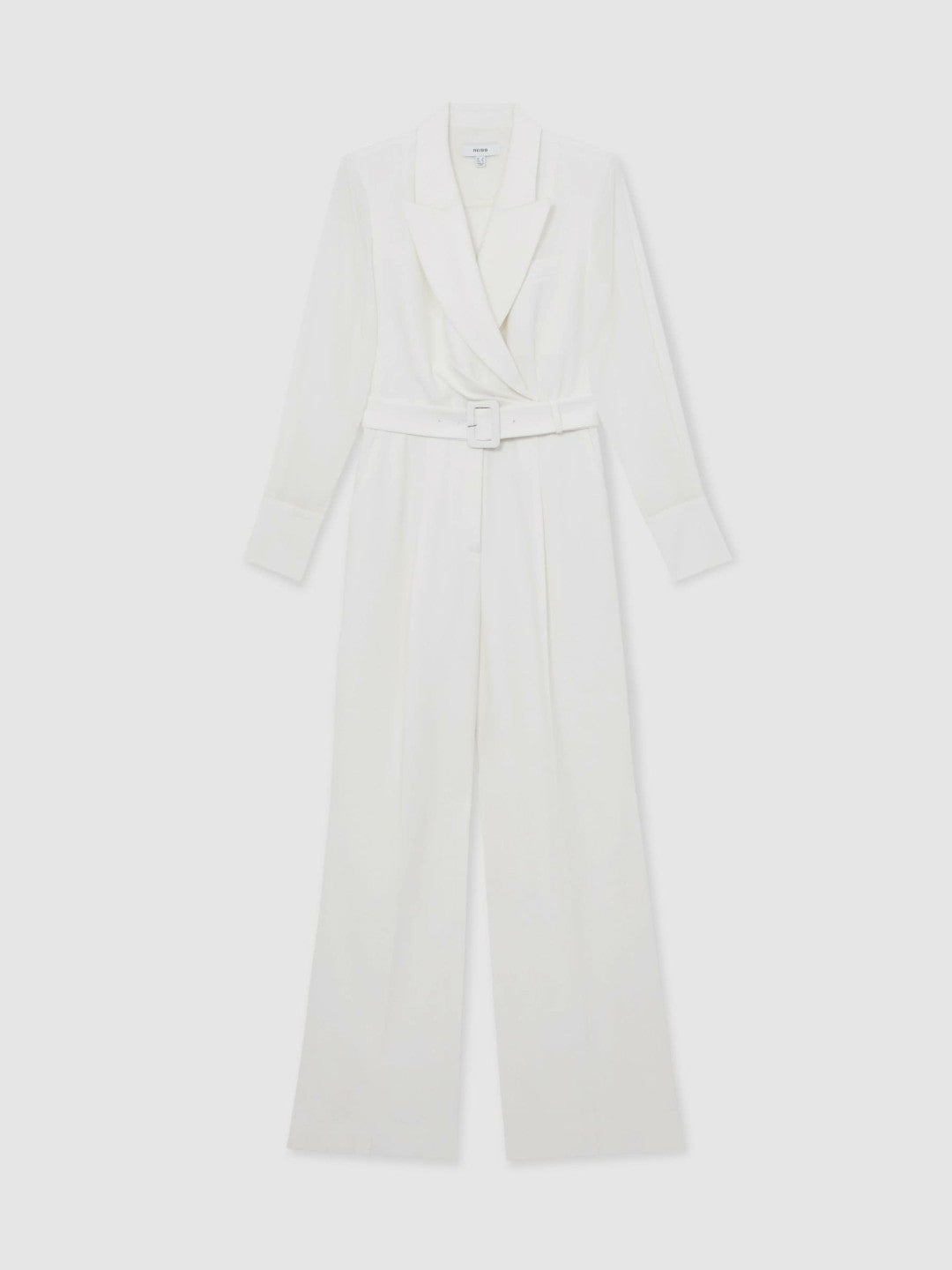 Reiss Sheer-Sleeve Wide-Leg Tuxedo Jumpsuit in Ivory