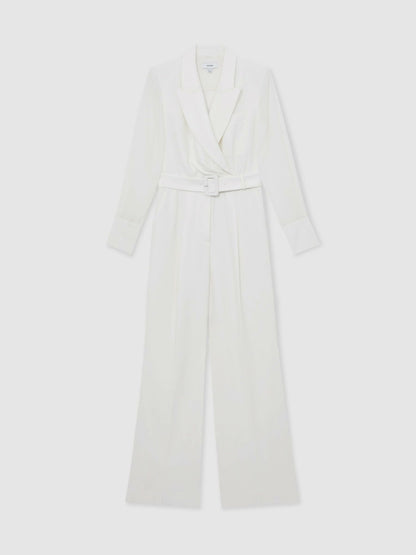 Reiss Sheer-Sleeve Wide-Leg Tuxedo Jumpsuit in Ivory