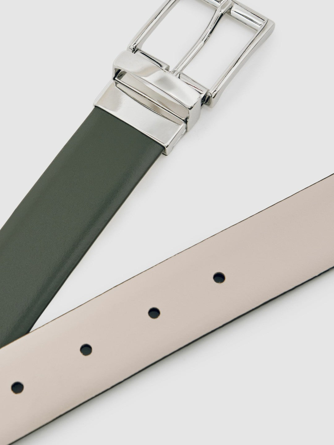 Reiss Reversible Leather Belt in Forest Green/Off White