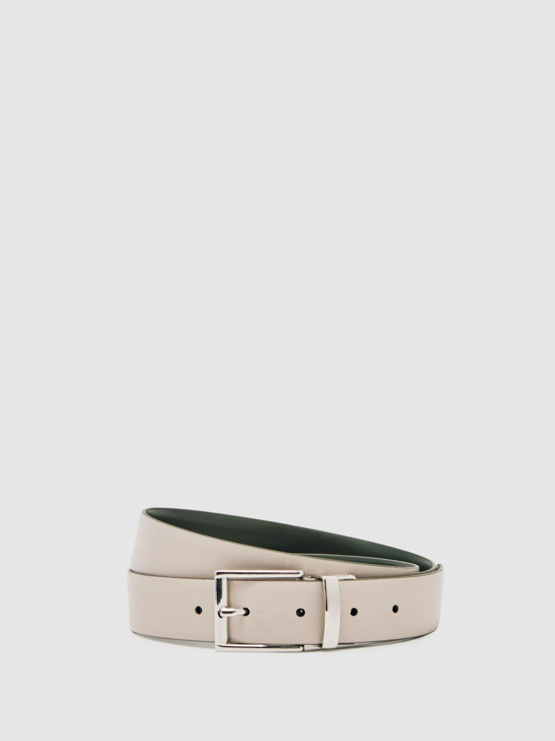 Reiss Reversible Leather Belt in Forest Green/Off White