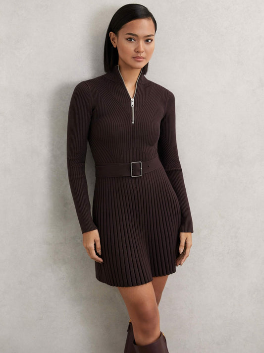 Reiss Rib-Knit Belted Half-Zip Flippy Dress in Plum Purple