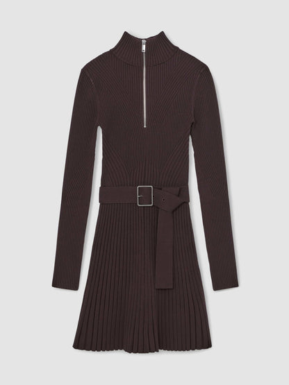 Reiss Rib-Knit Belted Half-Zip Flippy Dress in Plum Purple