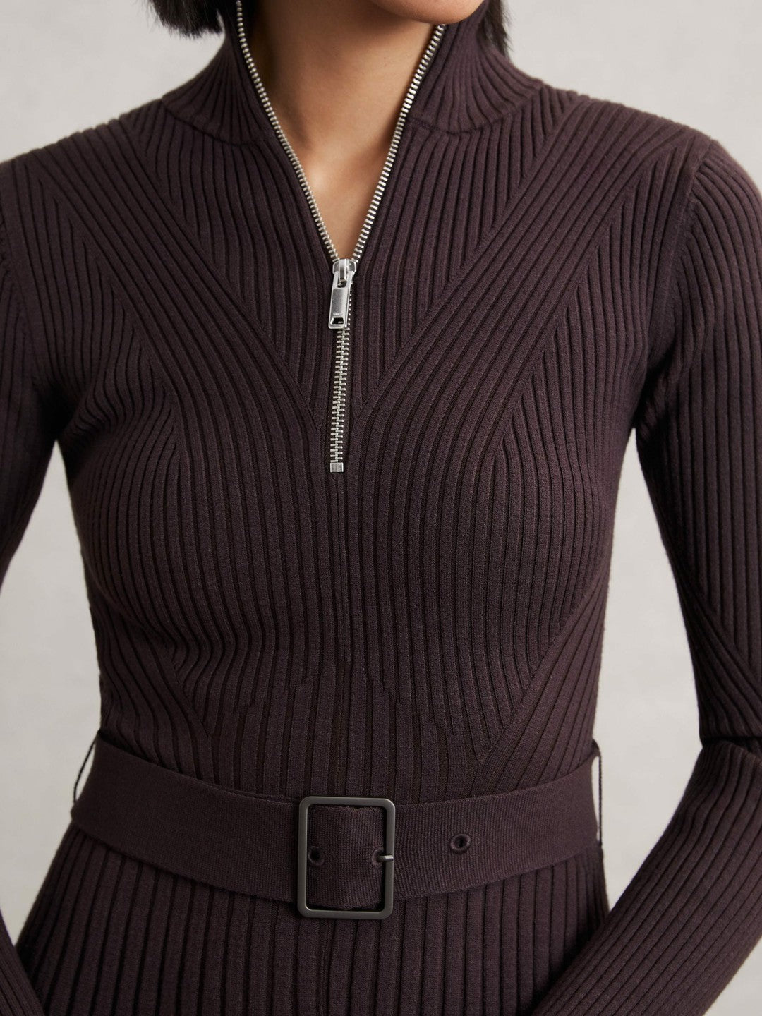 Reiss Rib-Knit Belted Half-Zip Flippy Dress in Plum Purple