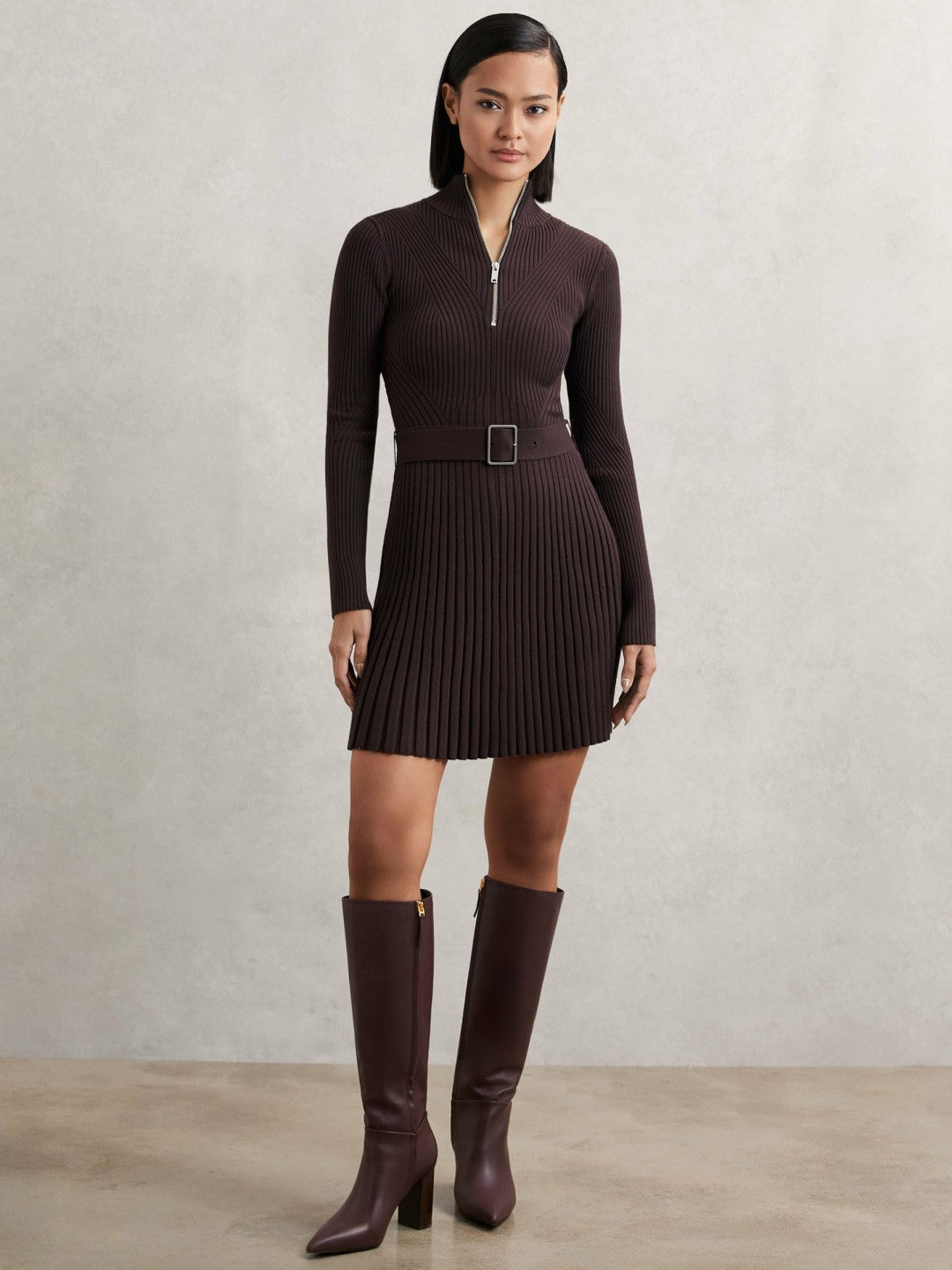 Reiss Rib-Knit Belted Half-Zip Flippy Dress in Plum Purple