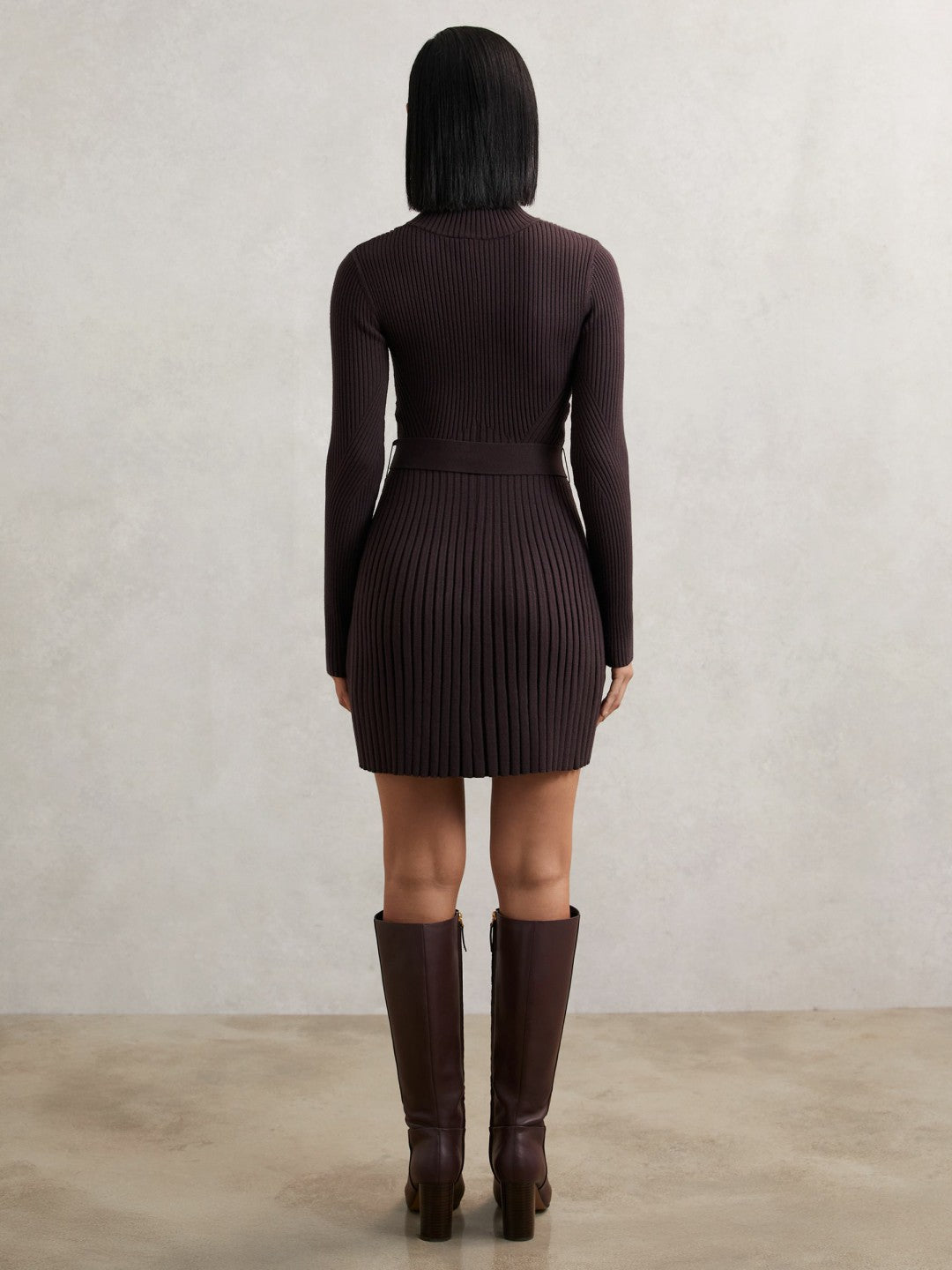 Reiss Rib-Knit Belted Half-Zip Flippy Dress in Plum Purple