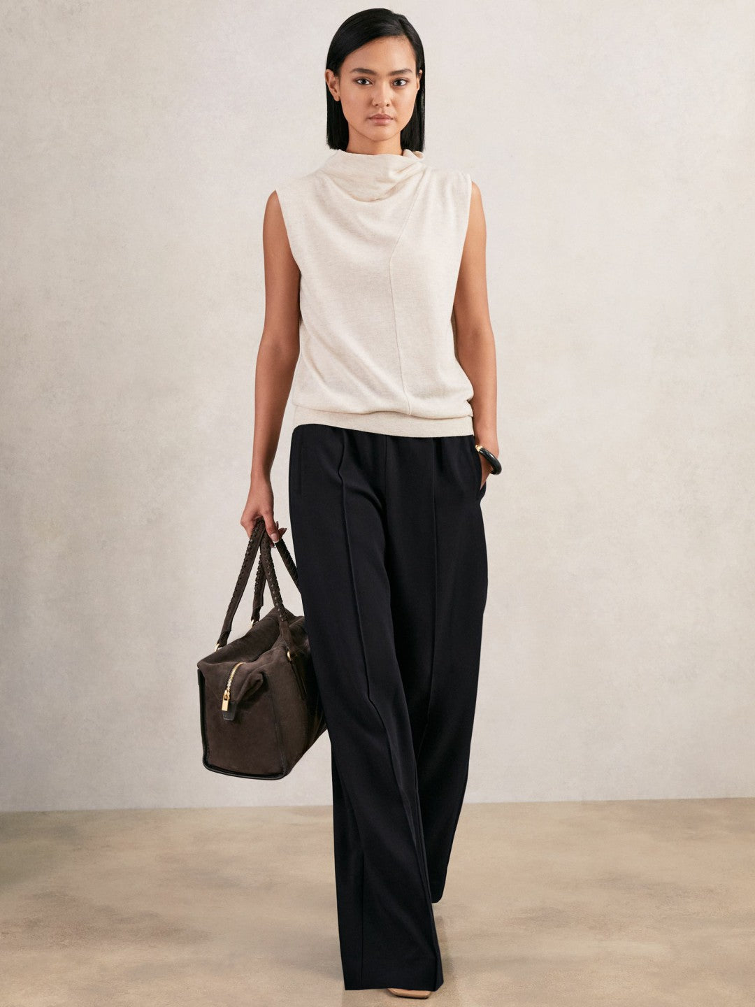 Reiss Wide Leg Elasticated Waist Trousers in Navy