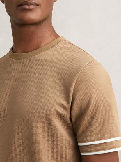 Reiss Textured Crew-Neck Tipped T-Shirt in Camel Brown