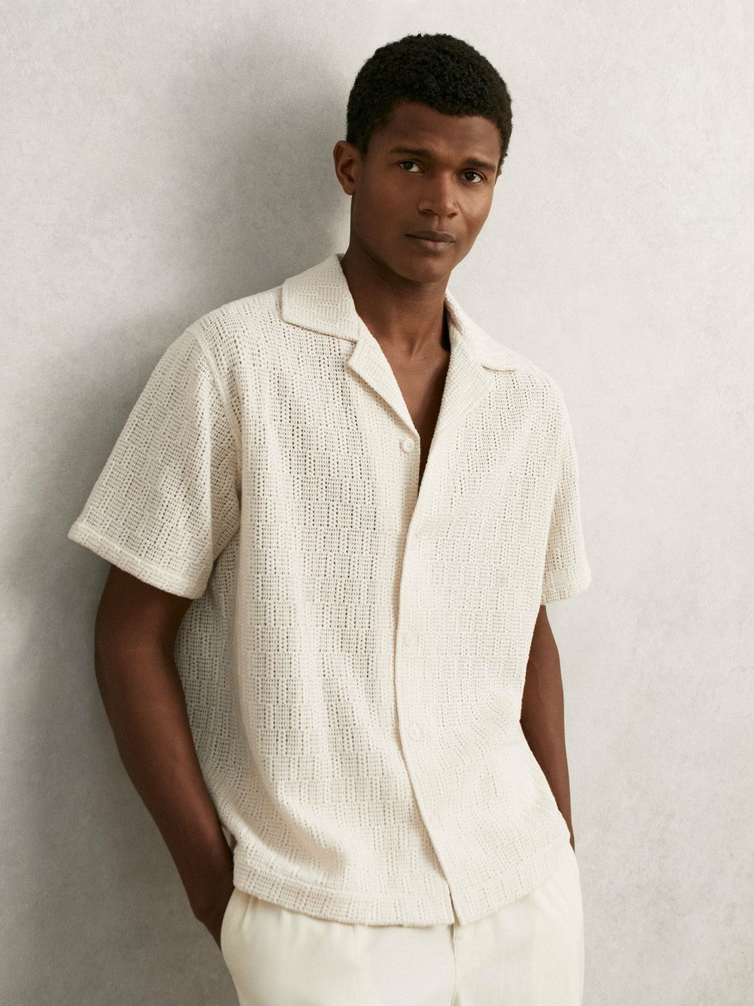 Reiss Cotton-Blend Crochet Shirt in Off White