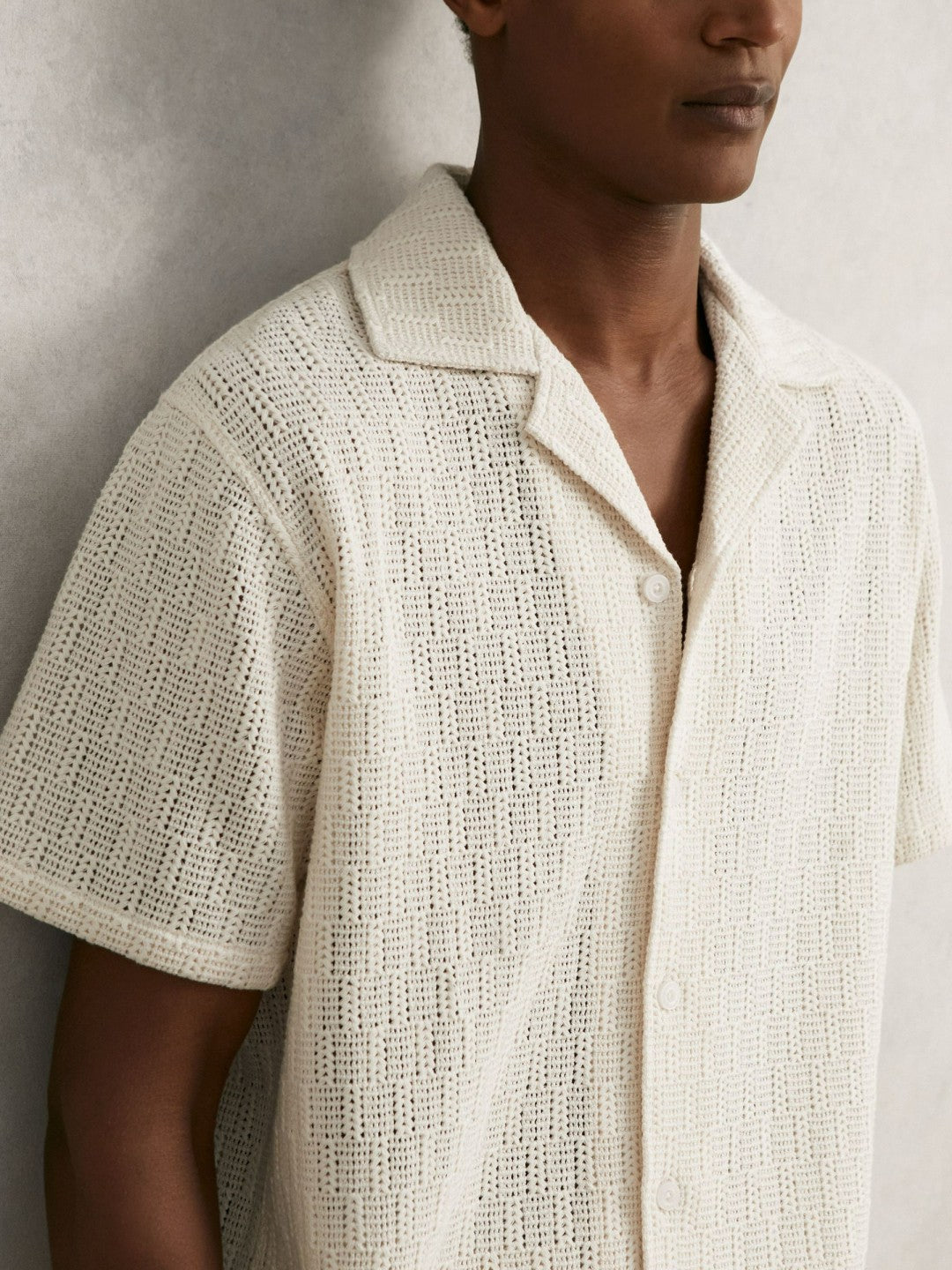 Reiss Cotton-Blend Crochet Shirt in Off White