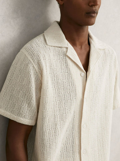 Reiss Cotton-Blend Crochet Shirt in Off White