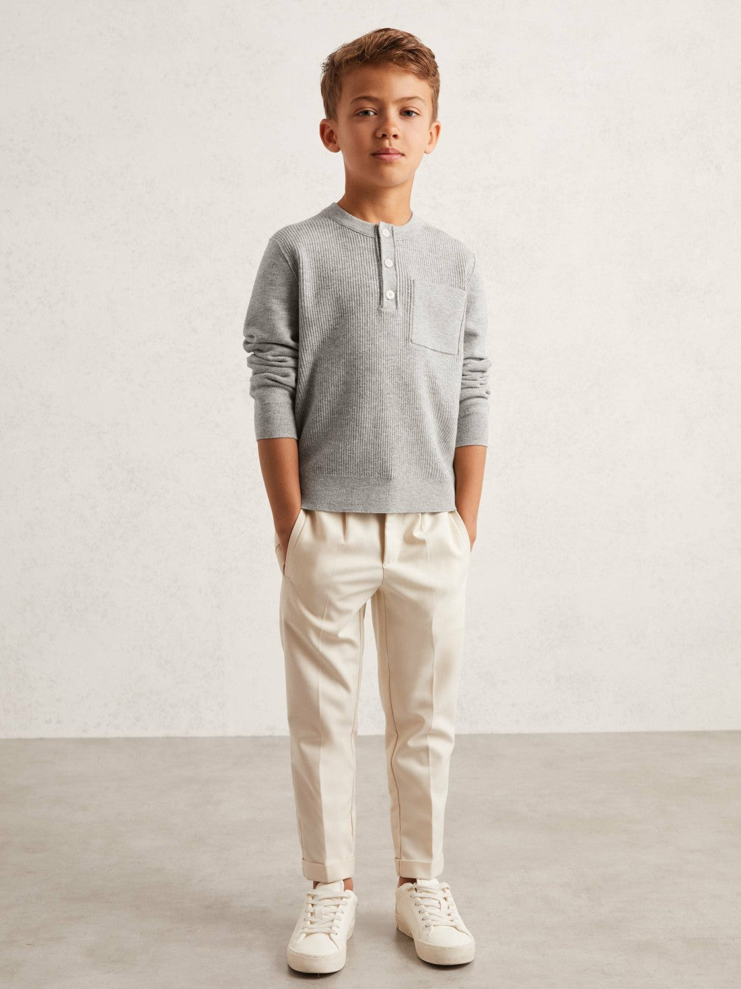 Reiss 9-13 yrs Cotton-Blend Rib-Knit Henley Top in Mid Grey Melange