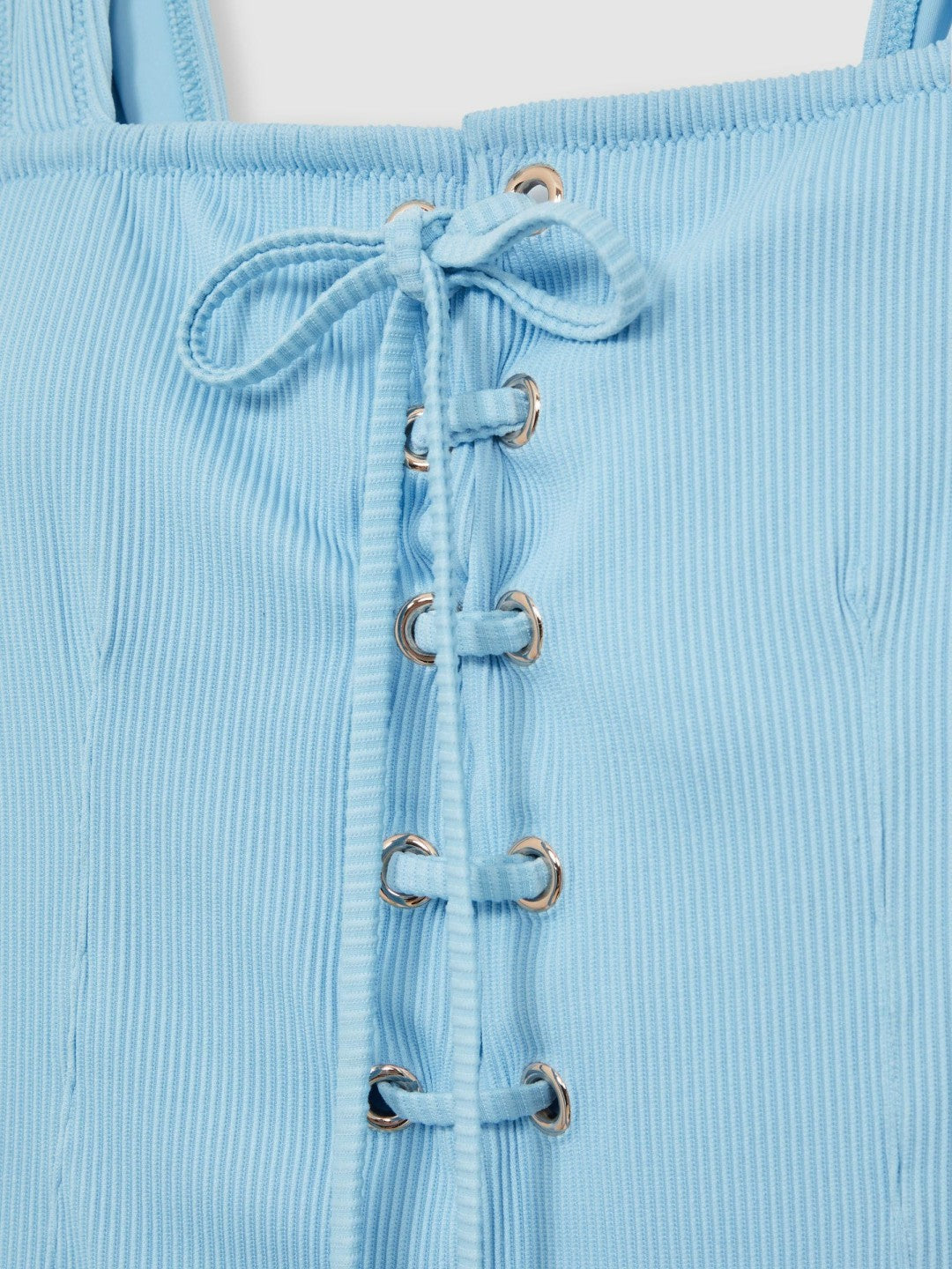 Reiss Ribbed Lace-Up Swimsuit in Blue