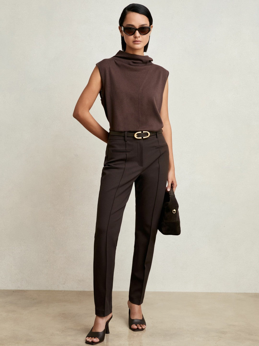 Reiss Petite Pintuck Tapered Trousers in Chocolate Brown