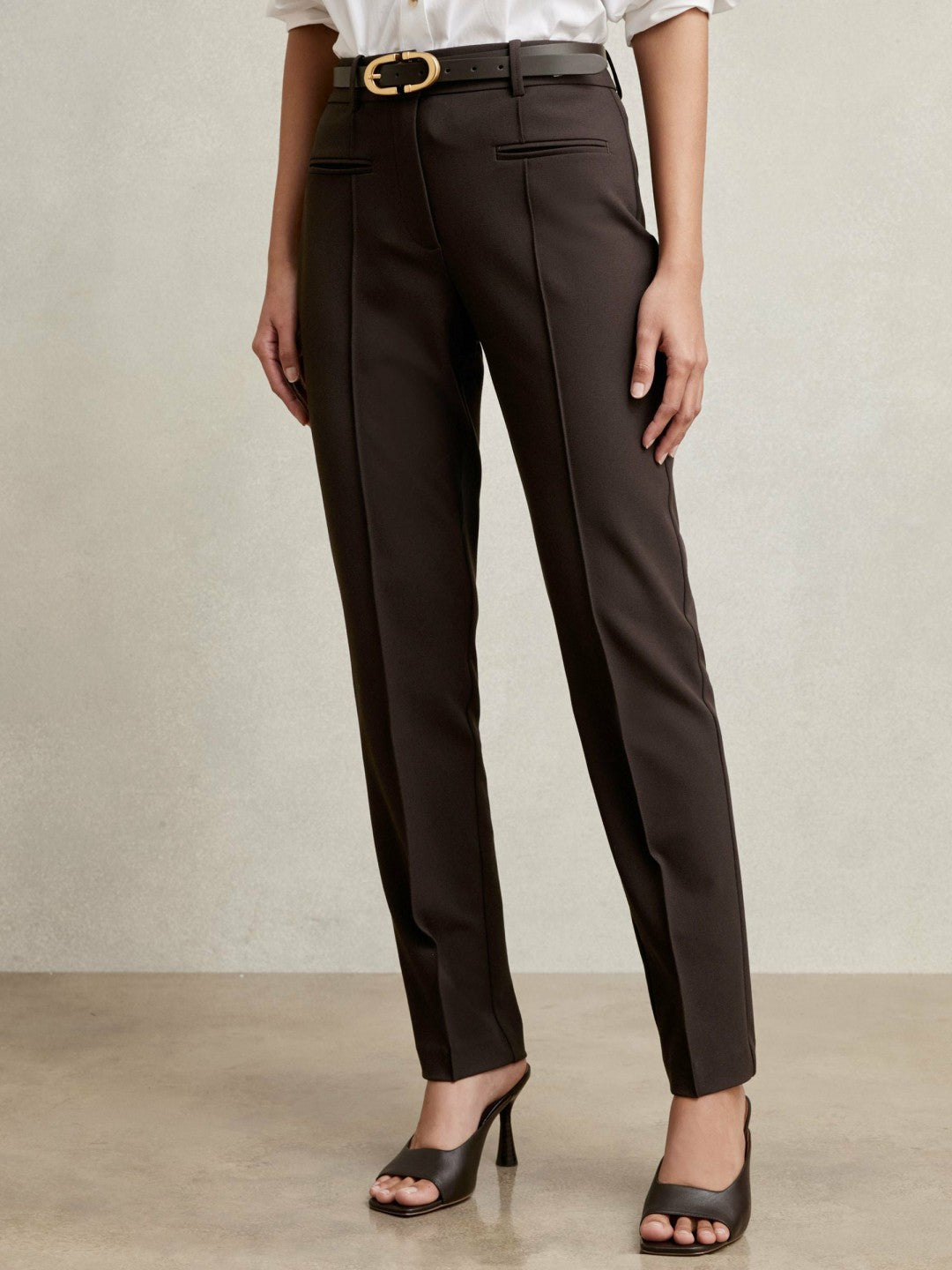 Reiss Petite Pintuck Tapered Trousers in Chocolate Brown