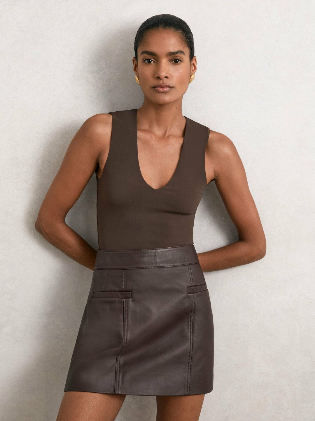 Reiss V-Neck Sleeveless Bodysuit in Chocolate Brown