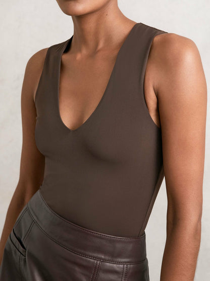 Reiss V-Neck Sleeveless Bodysuit in Chocolate Brown