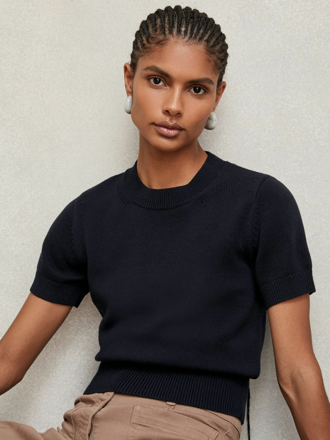 Reiss Cotton And Wool Crew-Neck Top in Navy