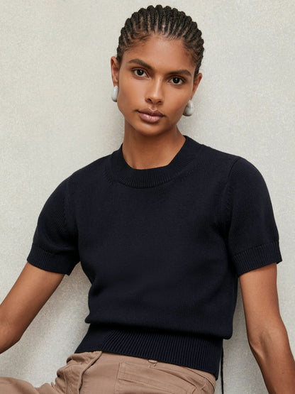 Reiss Cotton And Wool Crew-Neck Top in Navy