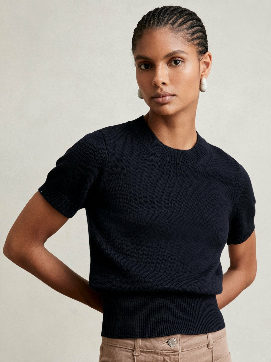 Reiss Cotton And Wool Crew-Neck Top in Navy