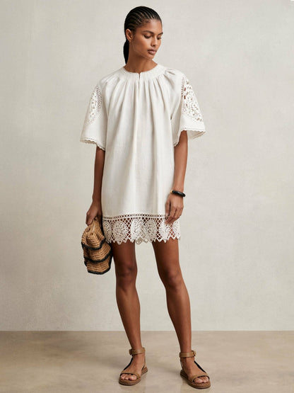 Reiss Linen Embroidered Shift Dress in Ivory