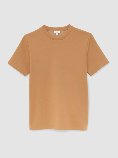 Reiss Interlock Jersey Crew Neck T-Shirt in Light Camel Brown