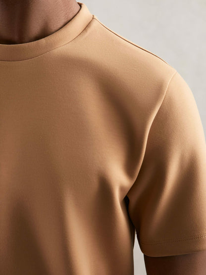 Reiss Interlock Jersey Crew Neck T-Shirt in Light Camel Brown