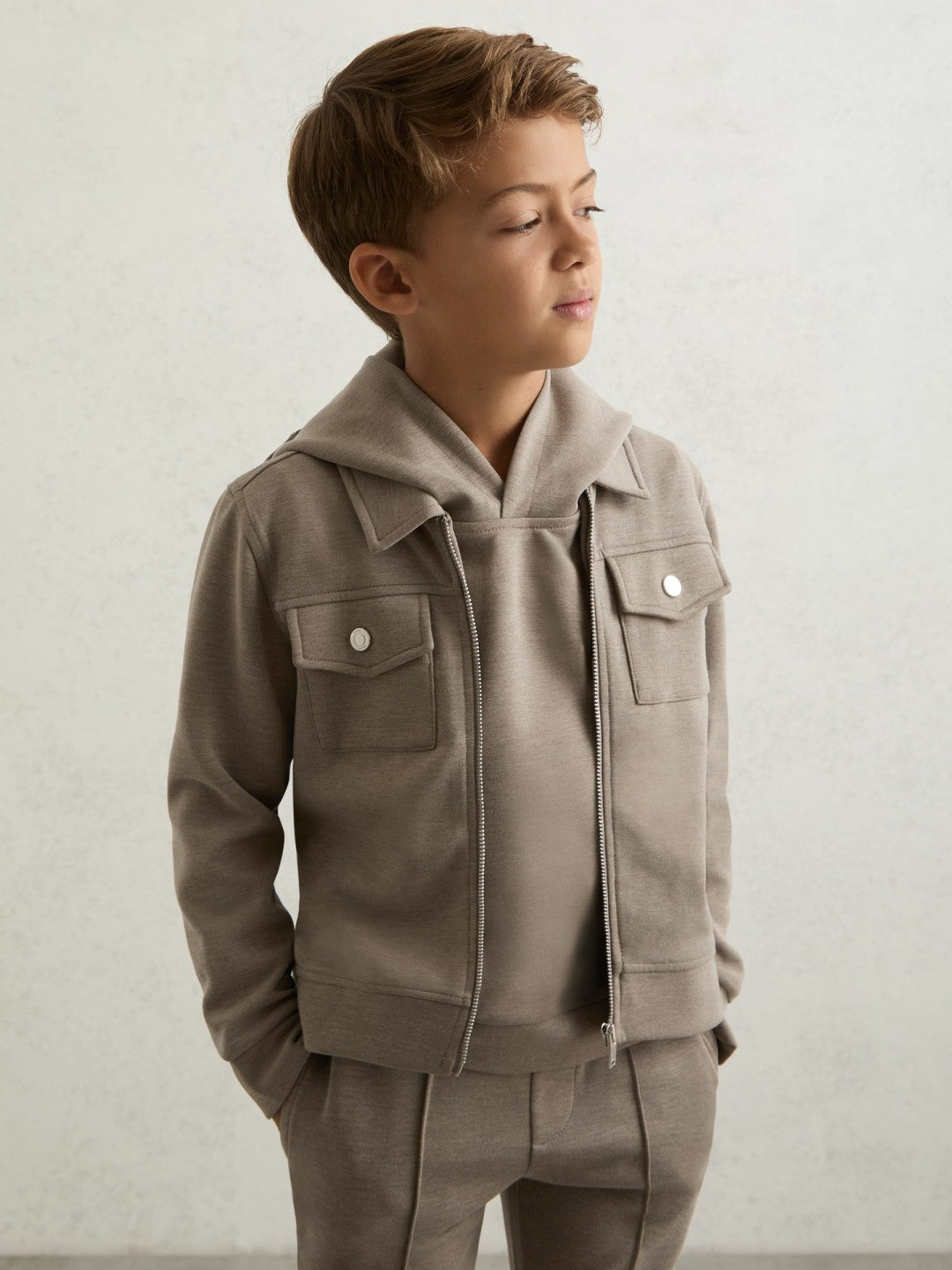 Reiss 13-14 yrs Interlock Zip-Through Overshirt in Taupe Brown