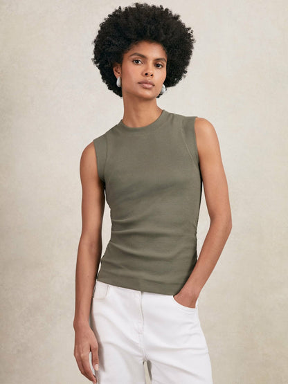 Reiss Ribbed Ruched Waist Vest in Khaki Green